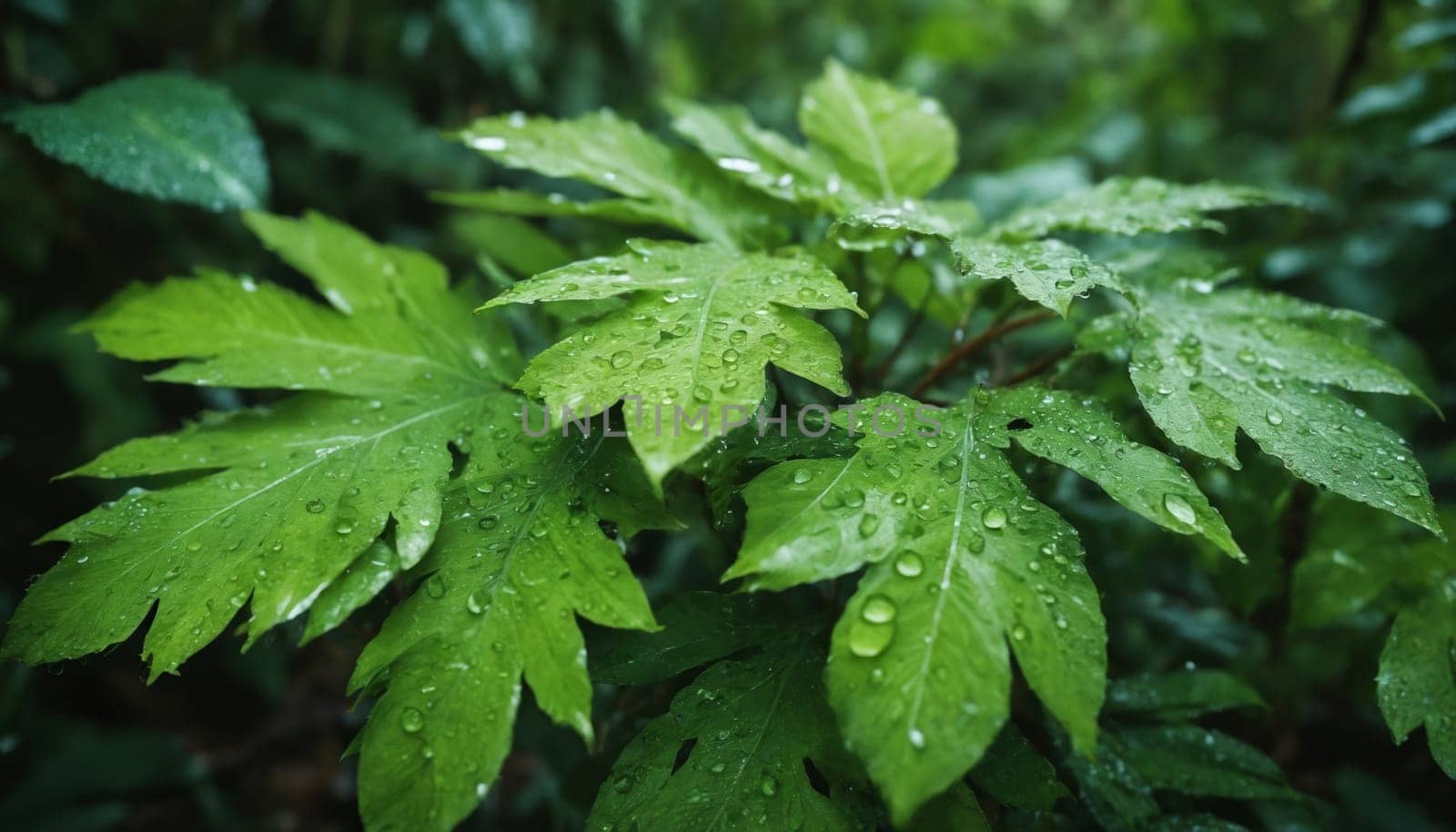 A close-up view of large, green leaves covered in glistening raindrops after a recent summer shower. The leaves are arranged in layers, with some overlapping, creating a sense of depth and texture.