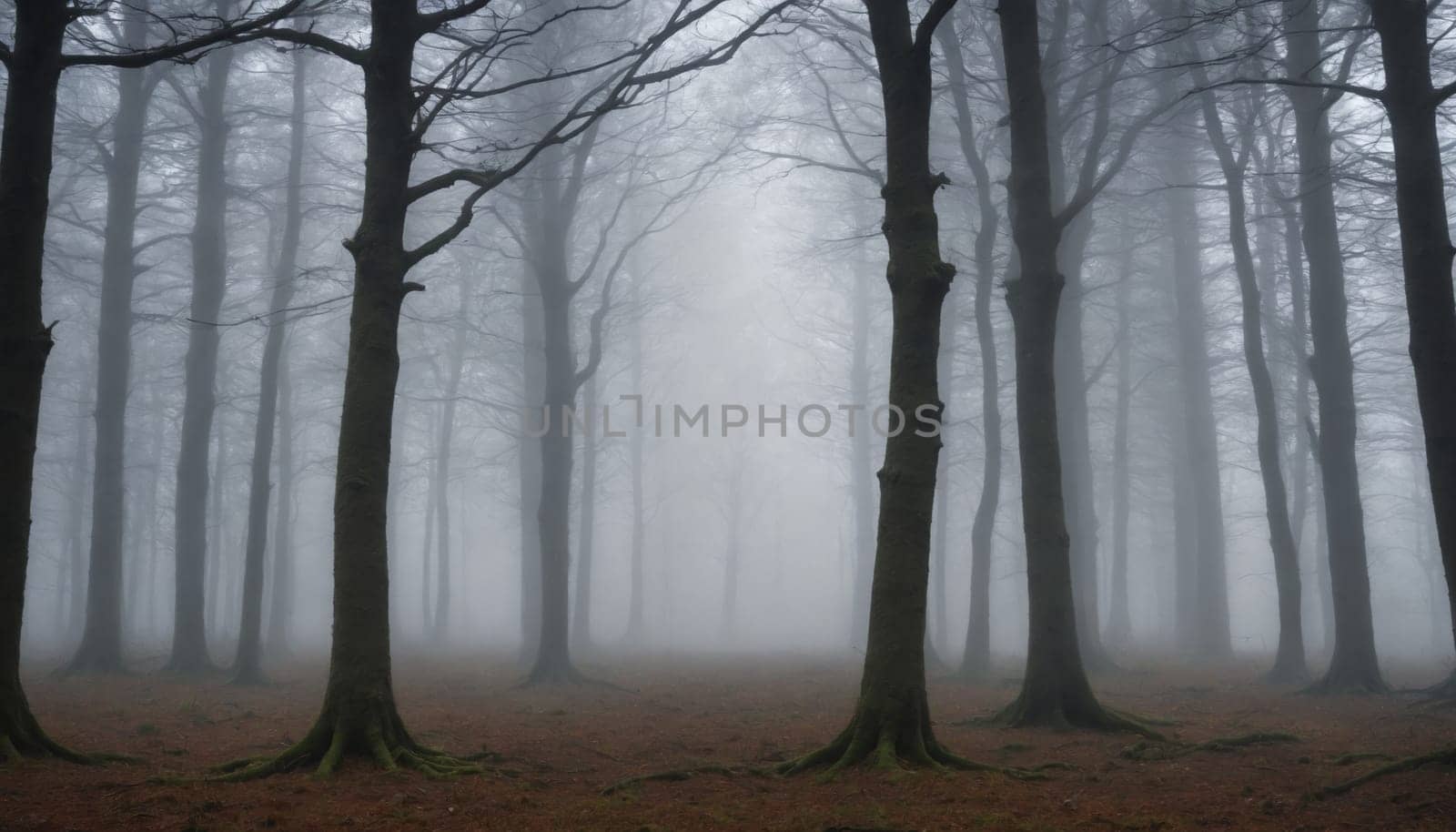 Tall trees stand like silent sentinels, their branches reaching towards the sky, shrouded in a soft veil of mist. The light filtering through the canopy casts long shadows on the forest floor, creating an ethereal and mysterious atmosphere.