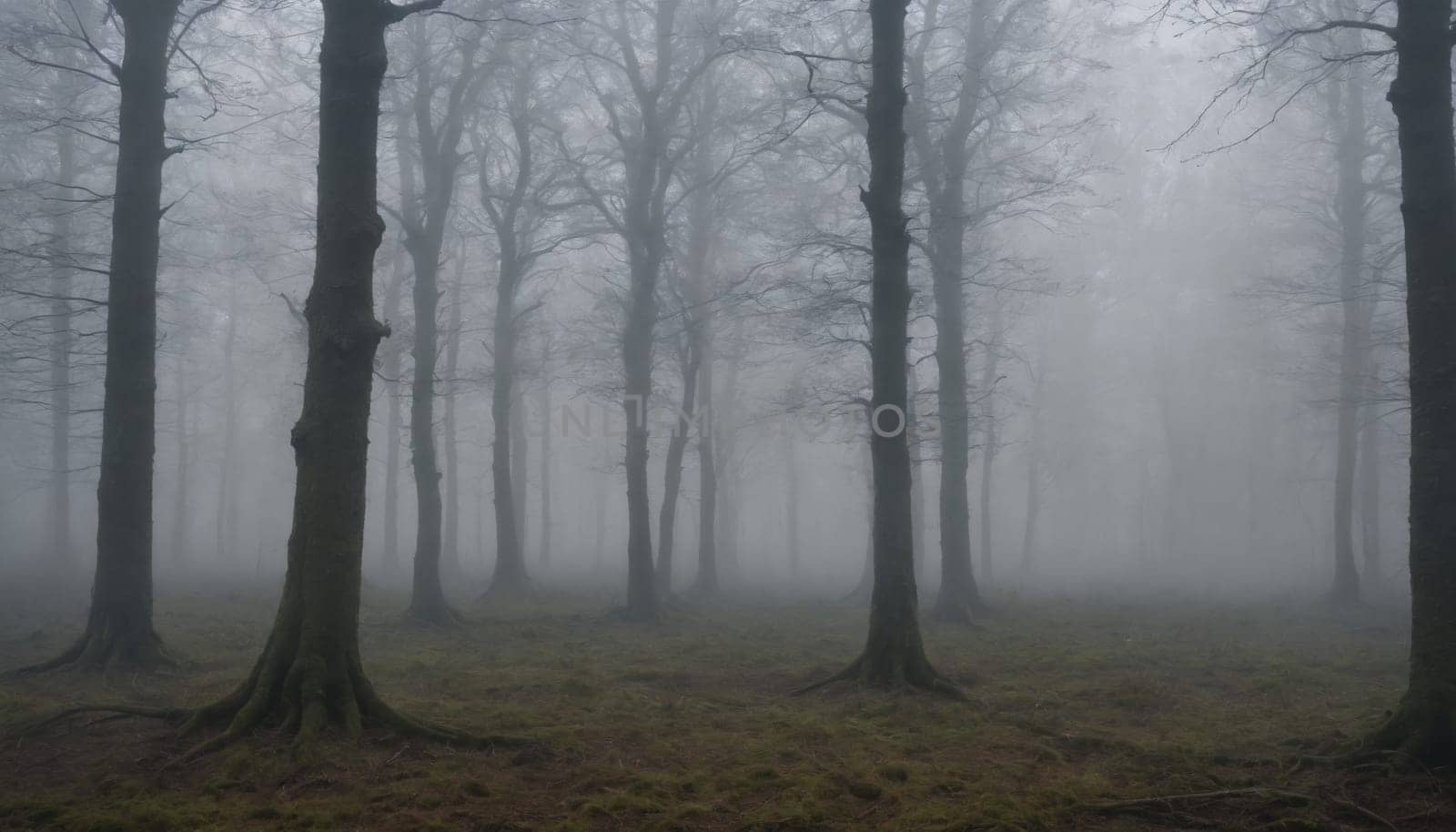 The sun peeks through a thick blanket of fog that envelops the tall, slender trees, casting an eerie glow on the forest floor. The misty air creates a sense of mystery and tranquility, inviting the viewer to explore the hidden depths of the woods.