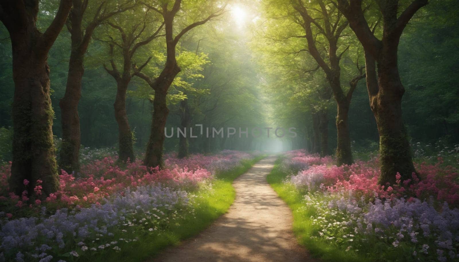 A winding dirt path cuts through a lush forest, lined with vibrant wildflowers and shrouded in a mystical mist. Sunlight streams through the trees, creating a serene and ethereal atmosphere.
