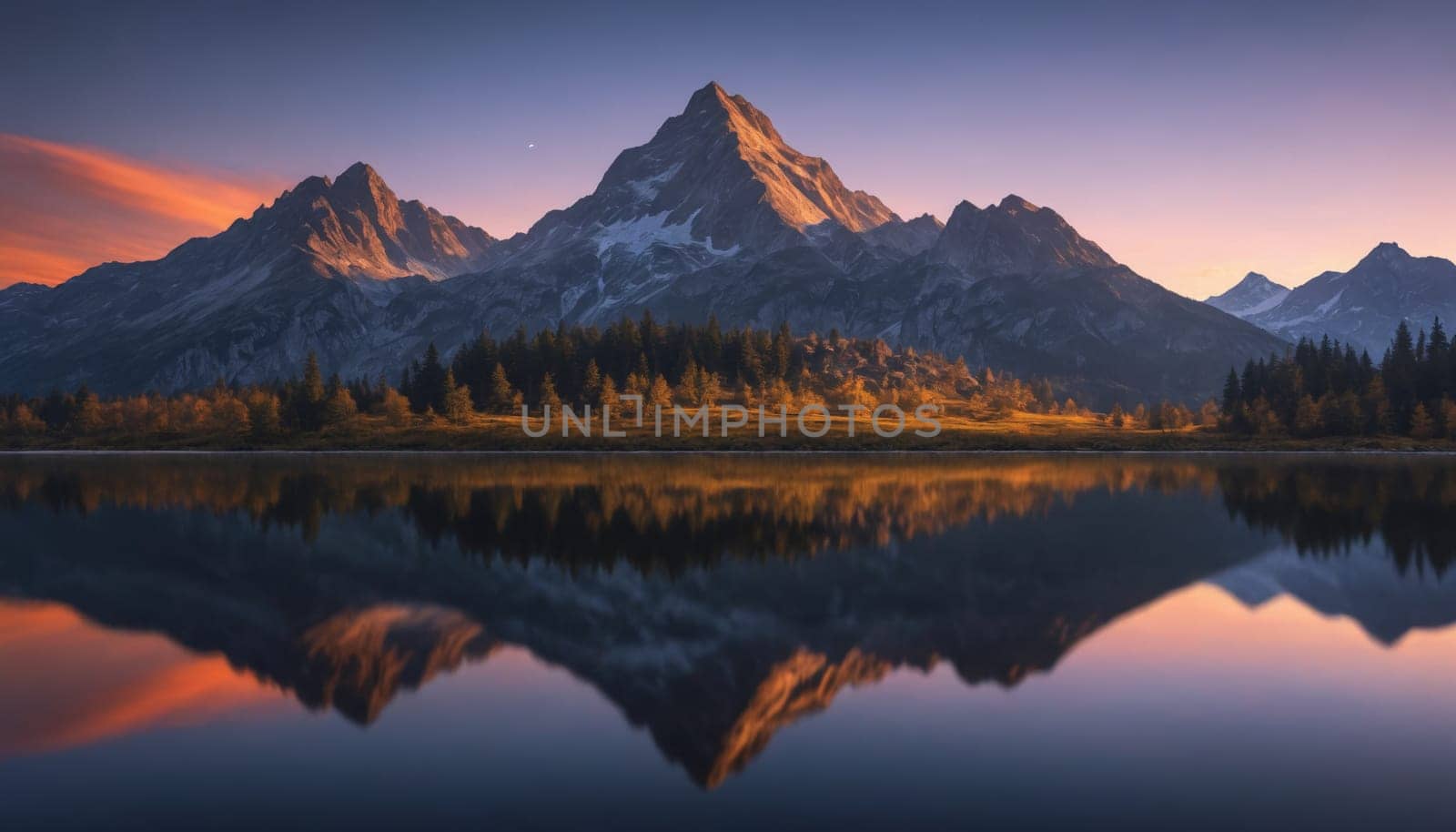 A serene alpine lake reflects the majestic silhouette of a snow-capped mountain range, bathed in the warm hues of sunrise. The foreground features a tranquil lake surface, while the background showcases the towering peaks and a lush forest lining the shoreline.