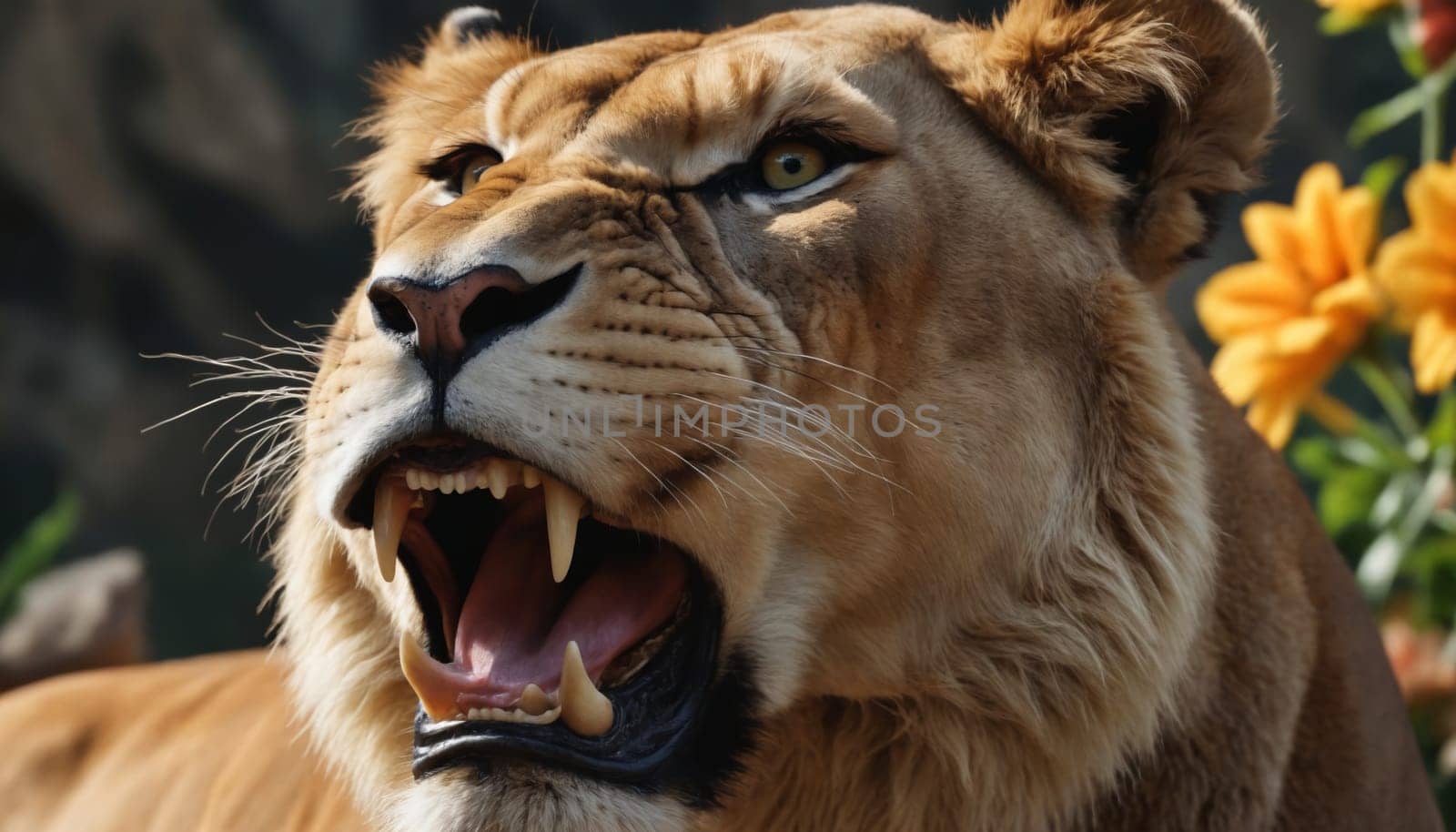 A fierce lioness, her mane ruffled by the wind, bares her teeth in a powerful roar. Her eyes gleam with intensity, and her sharp canines are visible as she lets out a primal sound. A blur of golden yellow flowers provides a vibrant backdrop for this stunning display of feline strength.