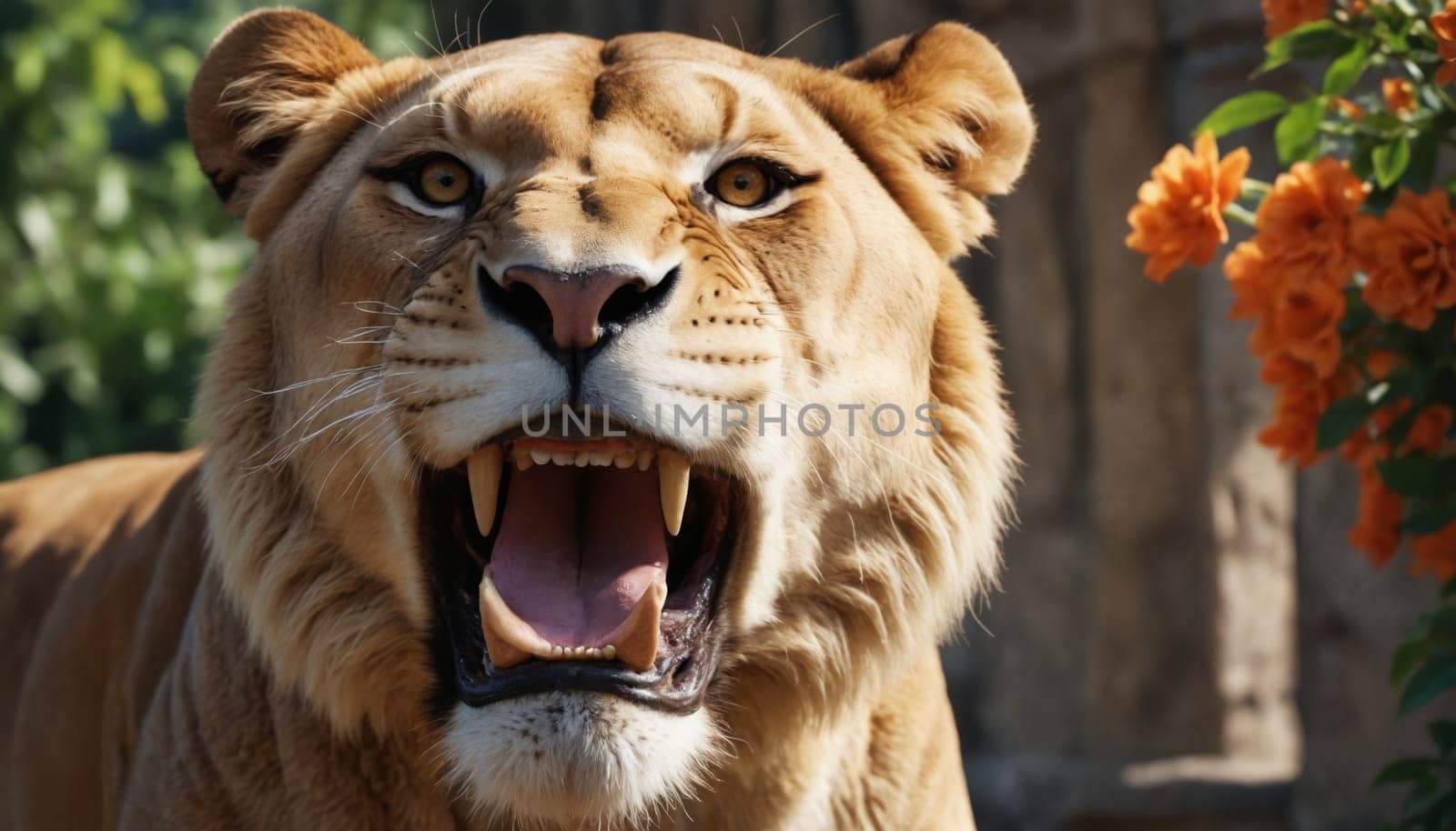 A lioness with a fierce expression stands in a sunlit clearing, her mouth open in a loud roar, showcasing her sharp teeth and powerful presence. A vibrant backdrop of orange flowers and lush green foliage frames her imposing figure.