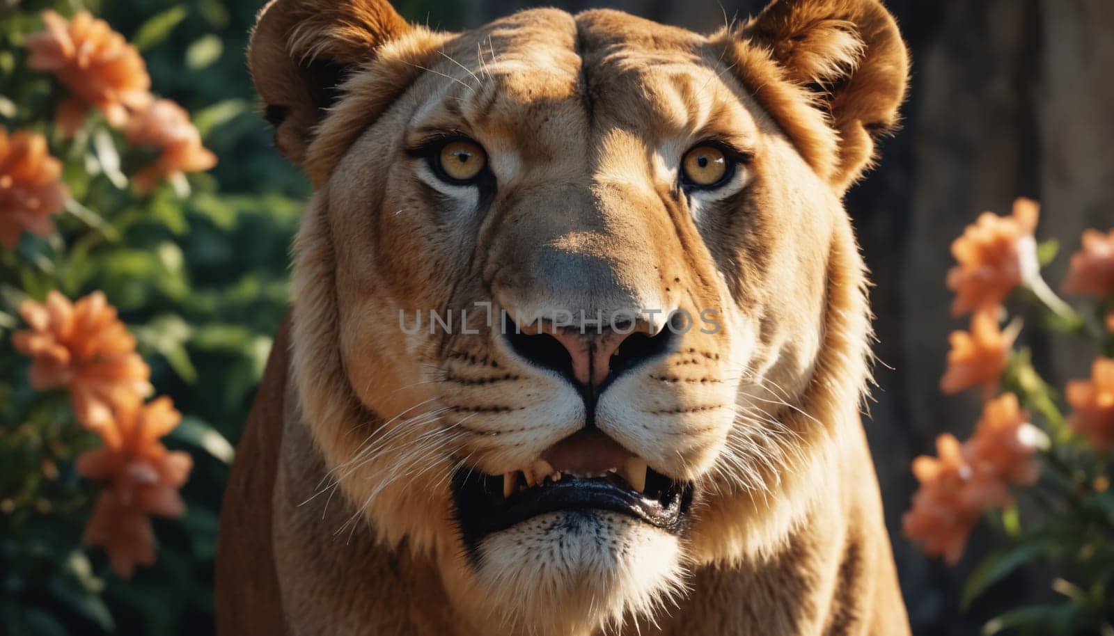 A lioness sits calmly in a shaded enclosure, her gaze fixed directly on the viewer. Her golden eyes pierce the camera lens, while her fur gleams with a soft, golden sheen. The light dances on her face, creating subtle shadows and highlighting her striking features.