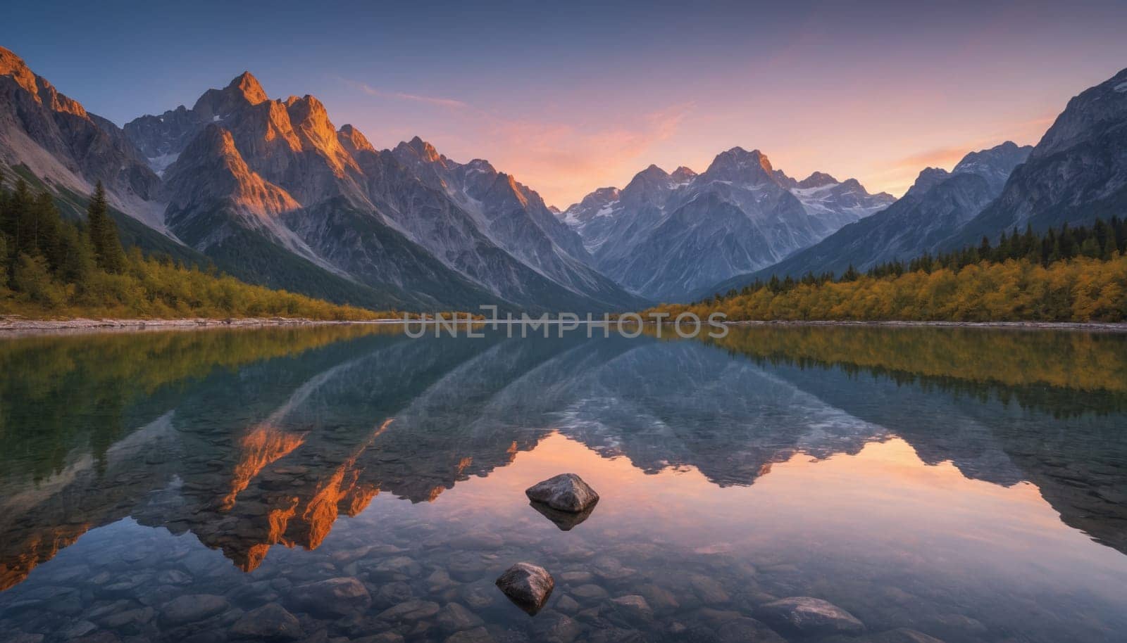 A serene mountain lake reflects the vibrant colors of the setting sun, creating a picturesque scene of tranquility and natural beauty. The towering peaks stand tall against a soft pink and purple sky, while the water mirrors their majestic forms with remarkable clarity.