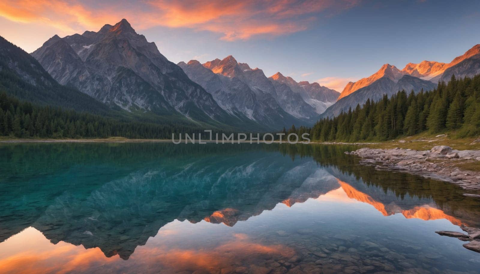 A picturesque mountain range is mirrored in the still waters of a lake as the sun sets, casting a vibrant orange and pink hue across the sky and landscape. The majestic peaks are covered in snow, while the surrounding forests showcase a mix of evergreen and deciduous trees. A sense of tranquility and awe emanates from the scene, capturing the beauty of nature at its finest.