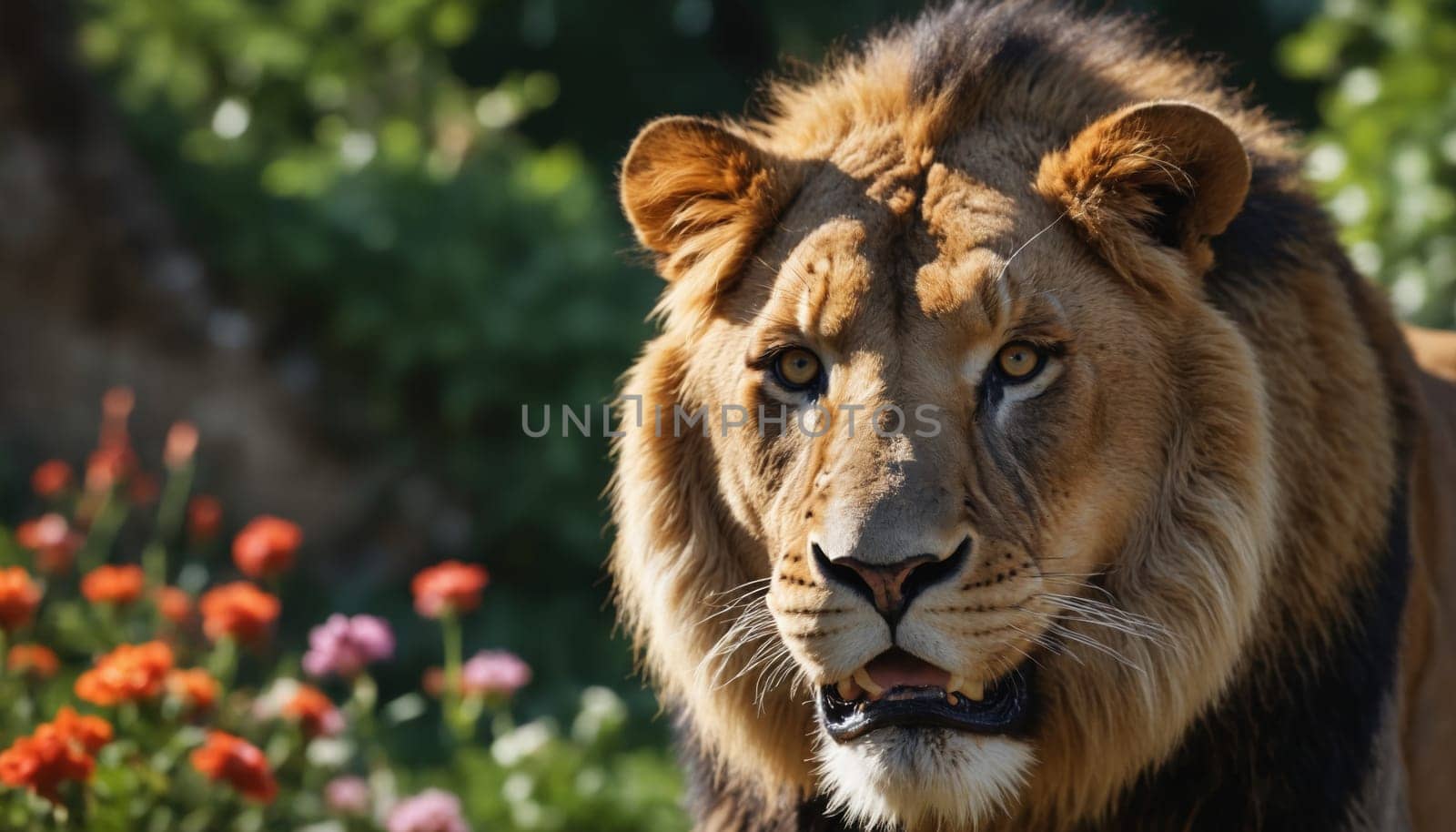 A majestic lion with a focused gaze stands amidst verdant foliage and blooming flowers, showcasing the beauty of wildlife in its natural habitat.