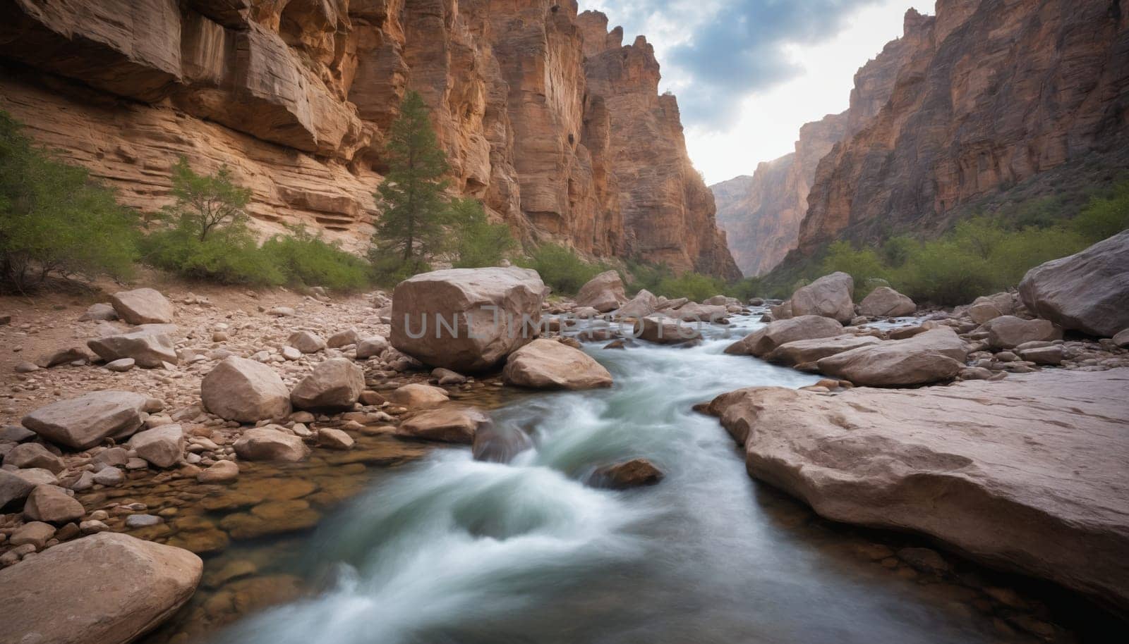 A stream flows through a narrow canyon, with towering cliffs on either side. The water is moving quickly, creating a sense of motion and energy, while the surrounding rocks are still and serene. The setting sun casts a golden glow on the scene.