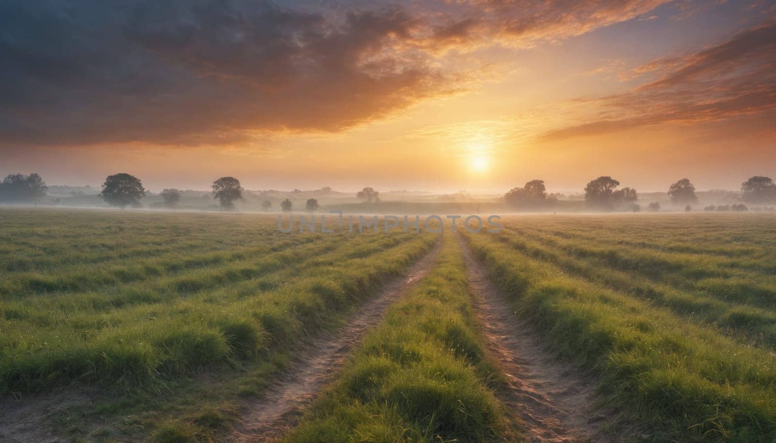The sun rises over a misty meadow, bathing the landscape in a warm golden light. The fog swirls and dances around the trees, creating a dreamy and ethereal atmosphere.