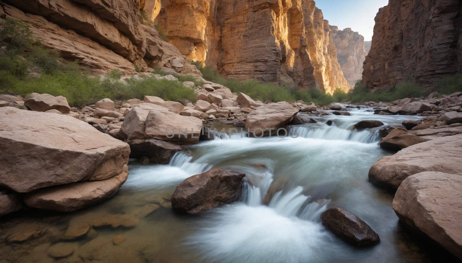 The rushing water of a stream carves its way through a narrow canyon, its movement blurred by the long exposure shot. The walls of the canyon rise high above the water, casting long shadows over the rocky riverbed.