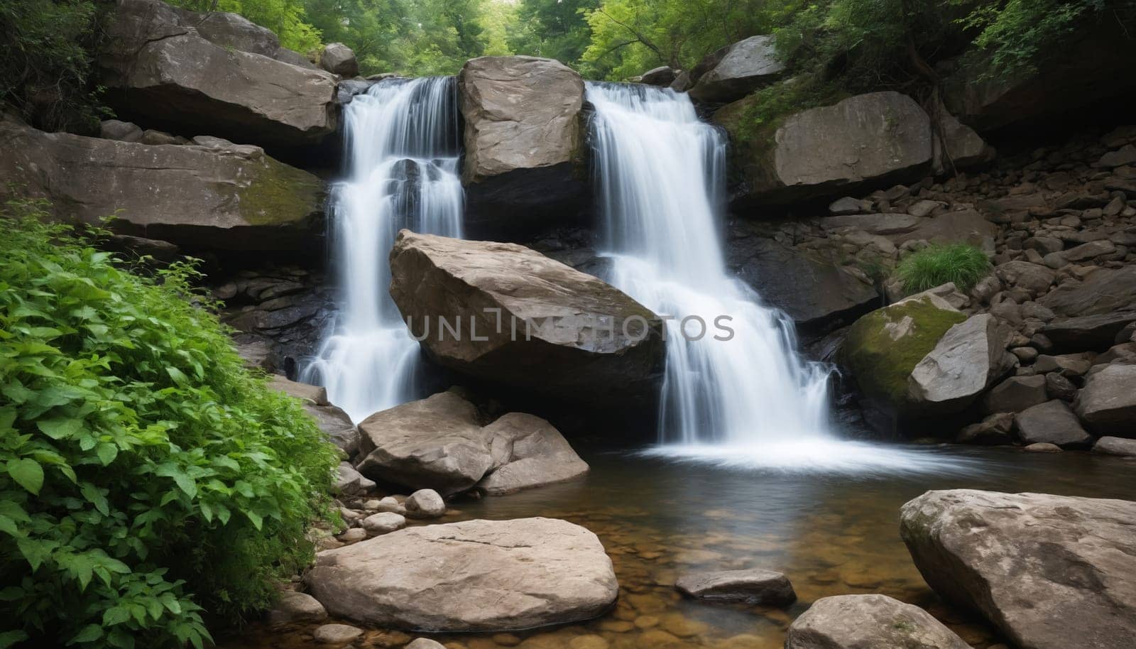 Water tumbles over a series of moss-covered boulders, creating a picturesque waterfall in a lush forest setting. The cascading water appears silky smooth due to a long exposure, showcasing the tranquility and beauty of the natural scene.