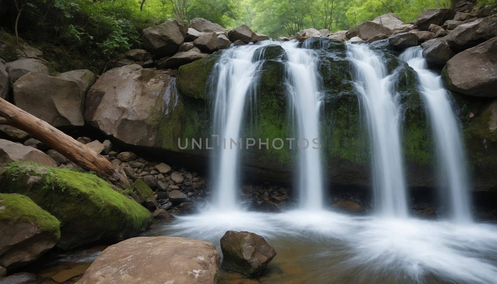 A picturesque waterfall cascades over smooth, gray rocks into a crystal-clear pool below, surrounded by vibrant green foliage and trees. The surrounding forest is a serene oasis, offering a peaceful escape from the bustling world. Sunlight filters through the canopy, creating a soft glow on the water and rocks.