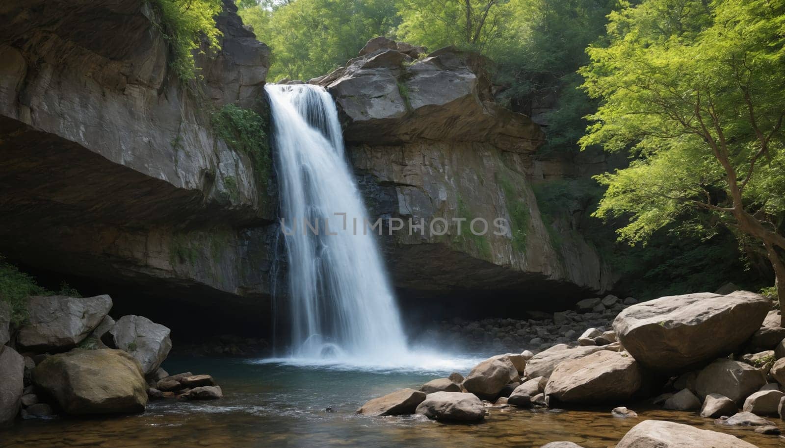 A cascading waterfall plunges over a rocky ledge into a tranquil pool surrounded by verdant foliage. The water flows smoothly and gently, creating a soothing atmosphere in the lush green forest.