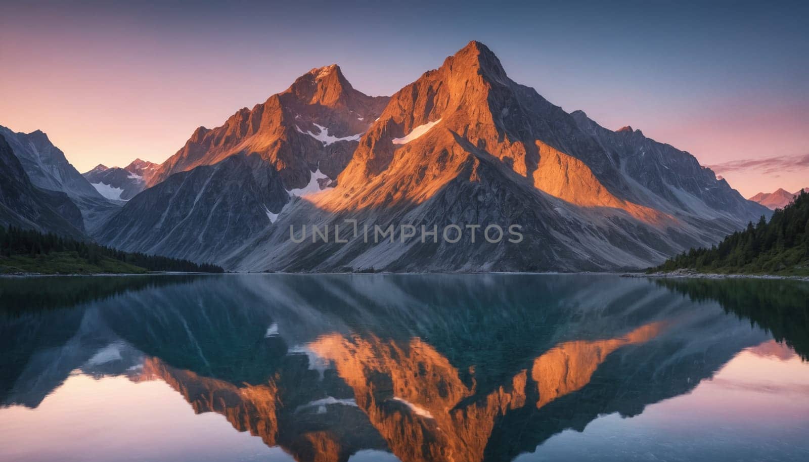 A serene mountain lake reflects the golden hues of sunrise, with majestic peaks rising up against a backdrop of pink clouds. The tranquil water mirrors the surrounding landscape perfectly, creating a breathtaking panorama.