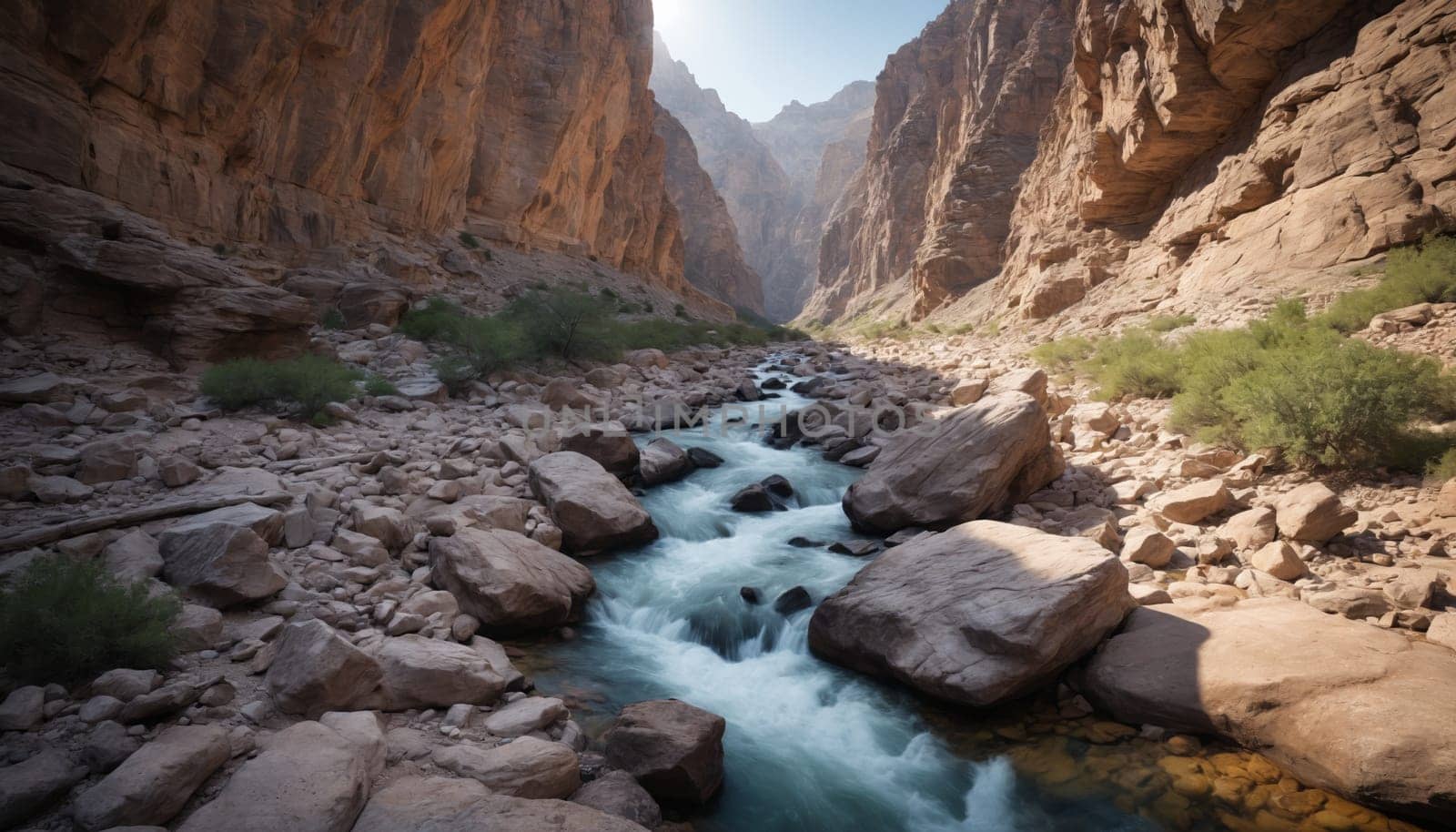 A rushing river flows through a canyon, with steep rocky walls rising on either side. The water is turquoise blue and white, and the rocks are a warm brown. Sunlight shines brightly on the canyon walls and on the river, casting long shadows on the rocks below.