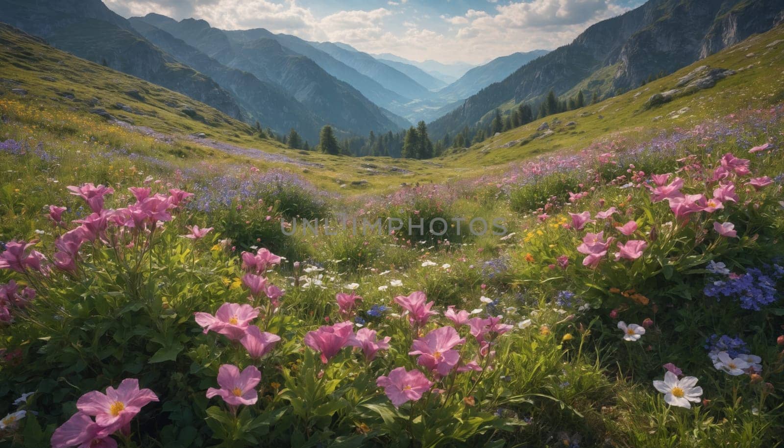 A vibrant field of wildflowers in full bloom stretches out before a breathtaking mountain range. The sun rises over the distant peaks, casting a warm glow over the landscape. The air is fresh and clean, and the serenity of the scene is palpable.