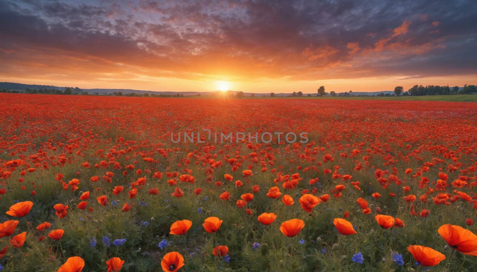 A field of vibrant red poppies stretches out towards a distant horizon, bathed in the golden light of a summer sunset. The sky is awash with warm hues of orange and pink as the sun dips below the horizon, casting long shadows across the field. The poppies stand tall and proud, their delicate petals unfurling in the gentle breeze. The scene is one of quiet beauty and tranquility, a moment of peaceful serenity in the natural world.