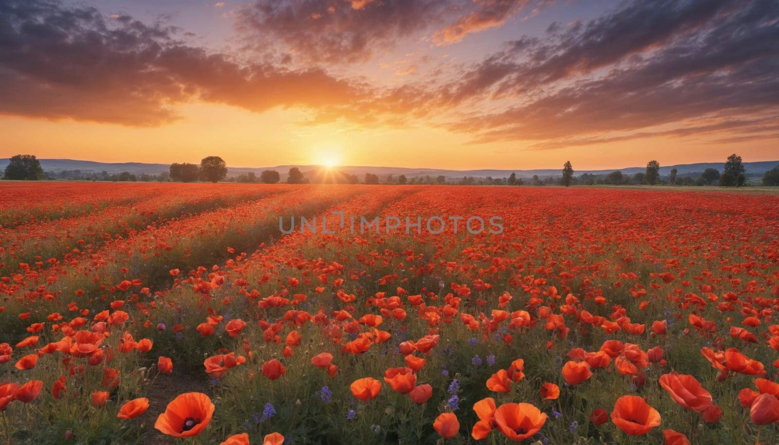 A vast field of vibrant red poppies stretches as far as the eye can see, bathed in the warm glow of a setting sun. The sky is painted with hues of orange and pink, casting a soft, golden light upon the delicate petals. The landscape is a breathtaking scene of natural beauty, showcasing the tranquility of a summer evening.