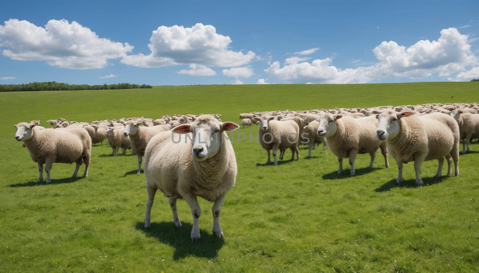 A large flock of sheep graze peacefully in a lush green field. The sun shines through a gap in the clouds, casting long shadows on the grass. The sheep are all facing the camera, their eyes looking directly at the viewer.