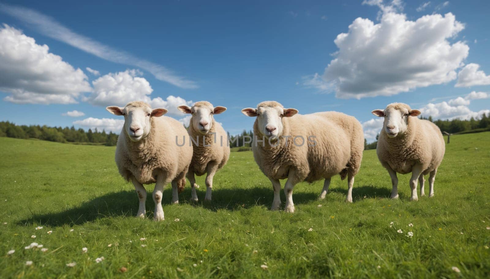A flock of sheep graze peacefully in a lush green pasture under a bright blue sky dotted with puffy white clouds and a large, dramatic grey cloud. The sheep are all white and fluffy, with some facing the camera while others look away. The grass is a vibrant green and there are a few small flowers scattered throughout the field.