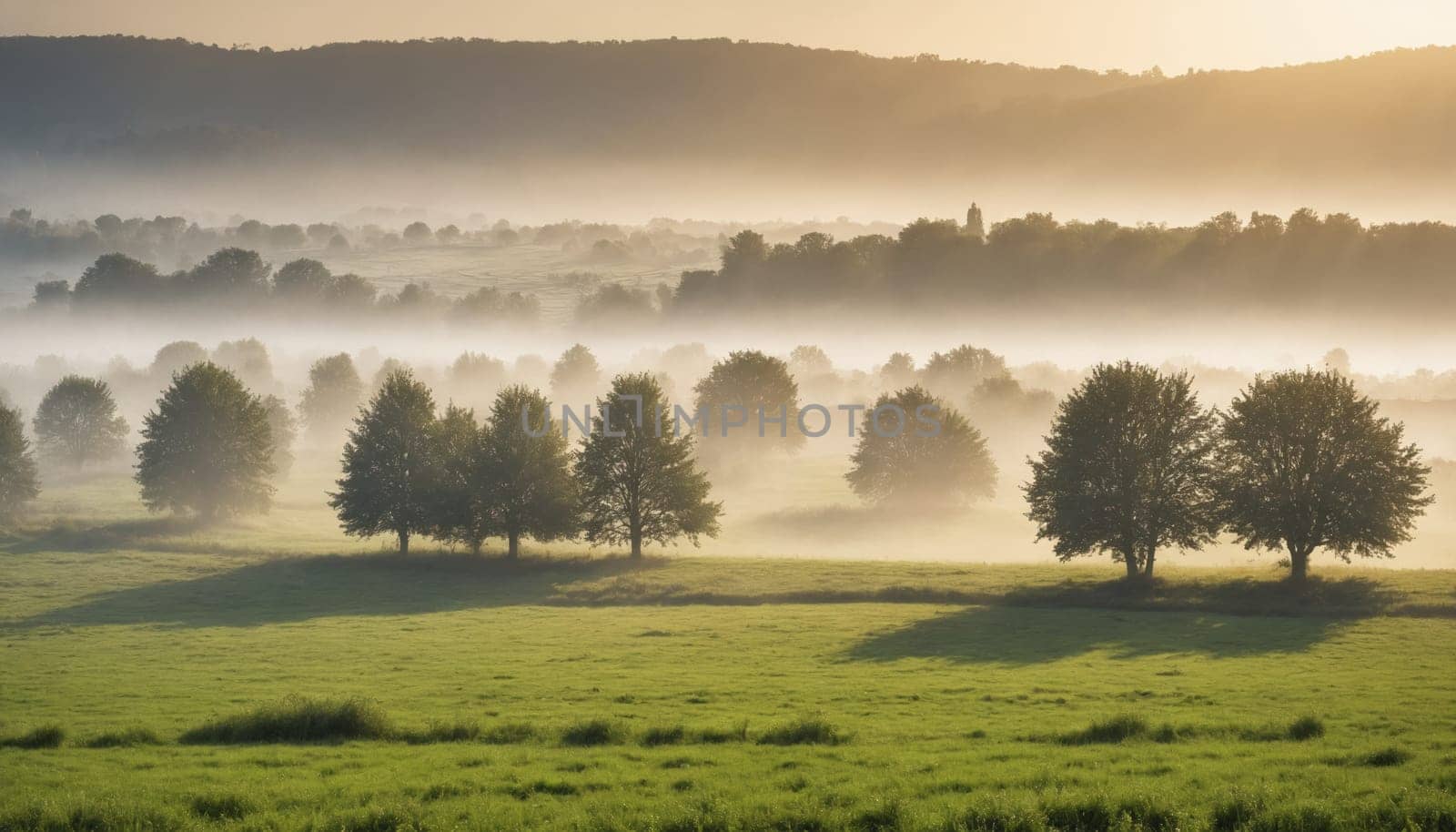 The sun rises over a tranquil valley, casting warm light on the dense fog that swirls through the trees and blankets the verdant meadow. The gentle breeze carries the scent of fresh grass and dew, creating an atmosphere of peace and quietude.