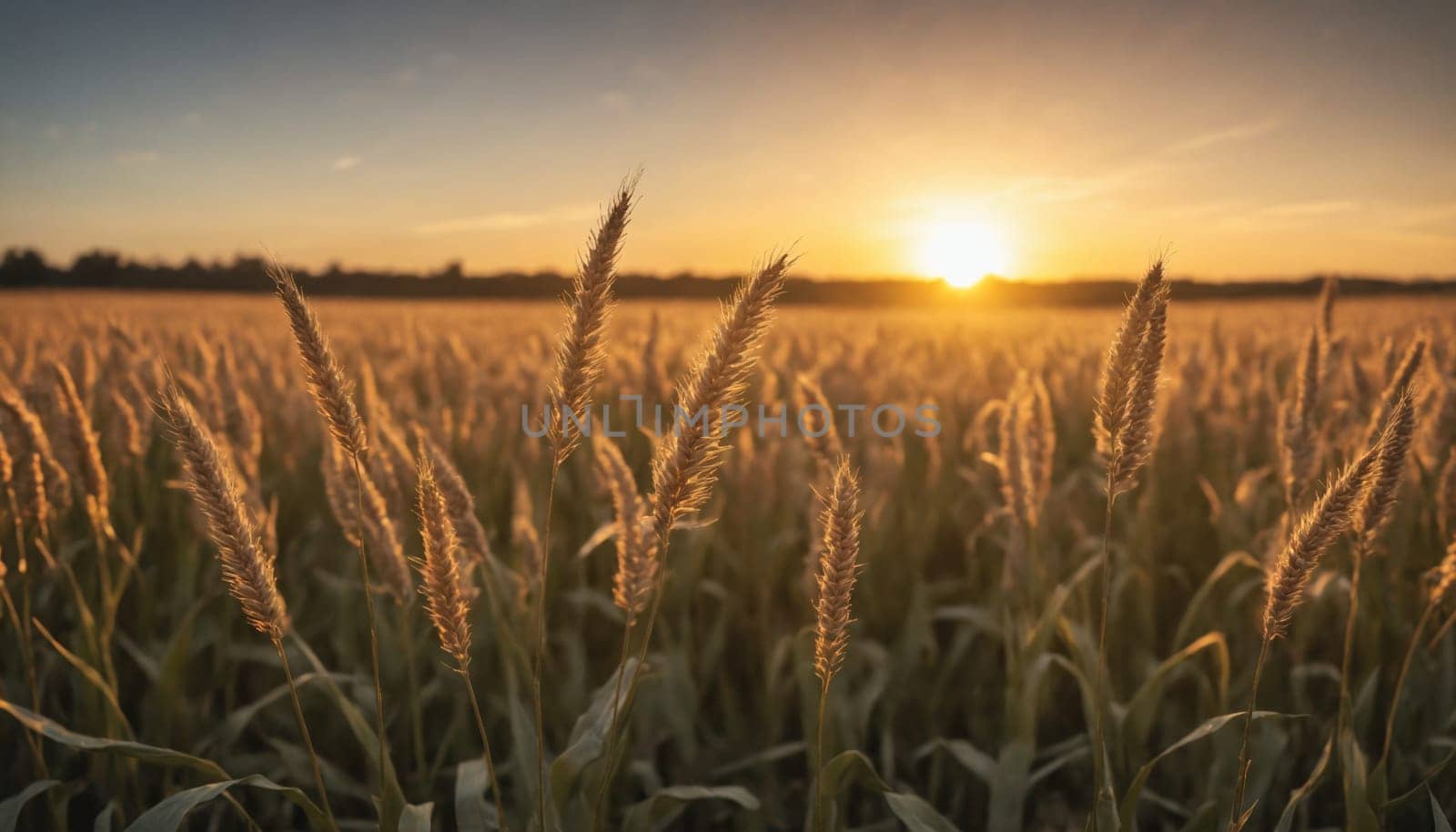 A field of wheat sways gently in the warm evening breeze, bathed in the golden glow of the setting sun. The sun's rays cast long shadows through the tall stalks, creating a dramatic and picturesque scene.