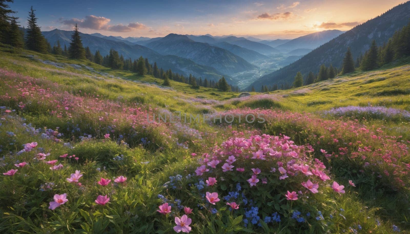 A vast meadow, carpeted with vibrant wildflowers, stretches across a mountainside. The late afternoon sun casts a warm golden glow over the landscape, highlighting the colorful blooms. The gentle slopes of the mountains rise in the distance, offering a breathtaking backdrop to this idyllic scene.