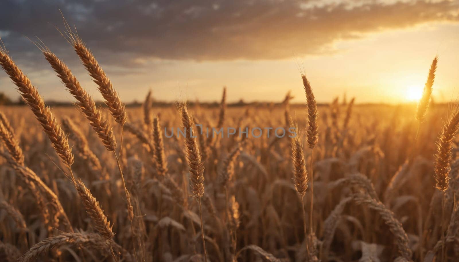 The sun sets over a field of tall, golden grass, casting a warm glow over the landscape. The tall grass sways gently in the breeze, creating a peaceful and serene atmosphere. The sun's rays illuminate the grass, creating a beautiful contrast between light and shadow.