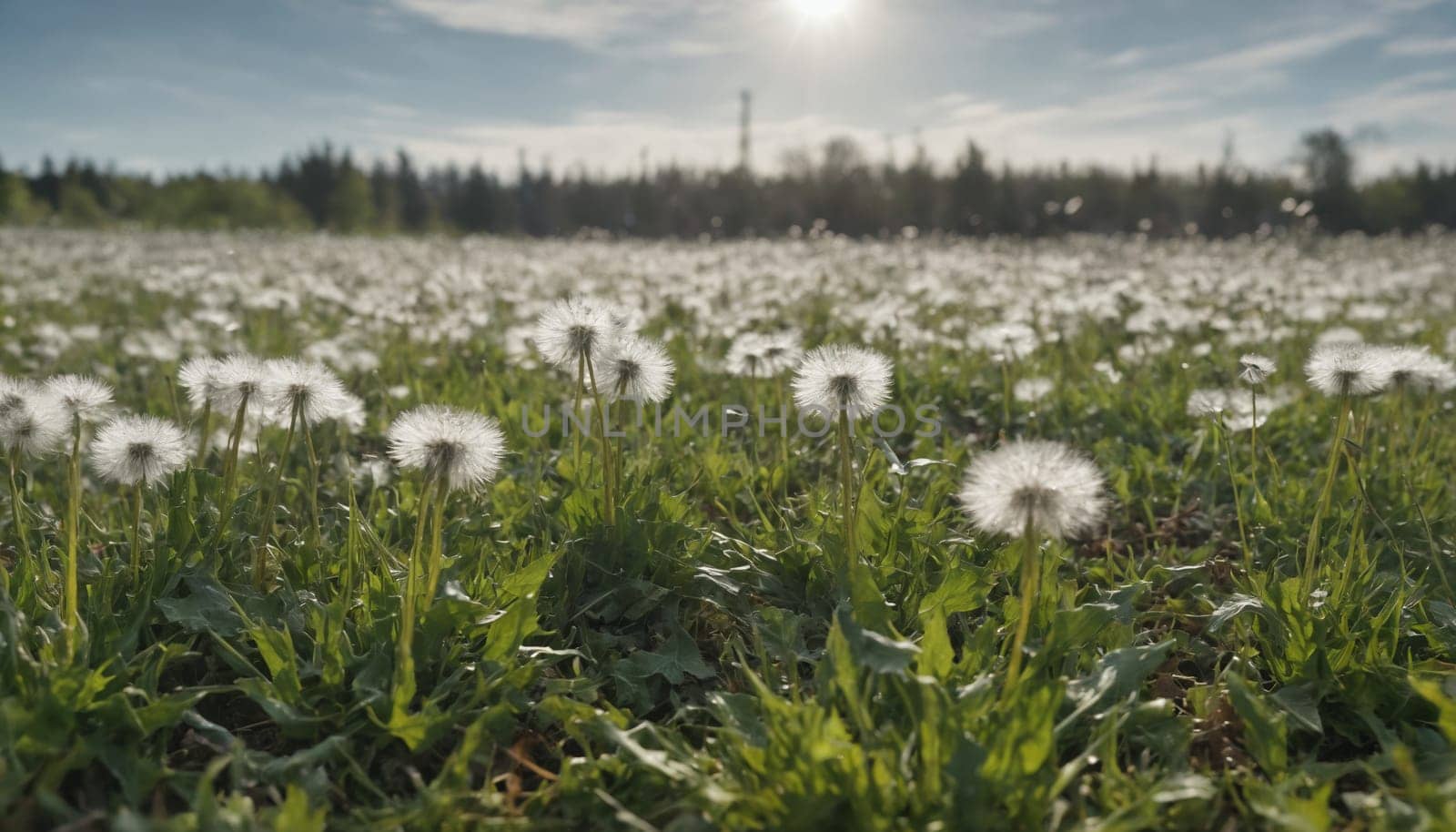 A vast meadow is filled with thousands of delicate dandelion blooms, their fluffy seeds shimmering in the sunlight. The soft breeze gently carries the seeds, creating a sense of whimsy and possibility. The sun, shining brightly in the distance, illuminates the scene, casting long shadows across the green grass.