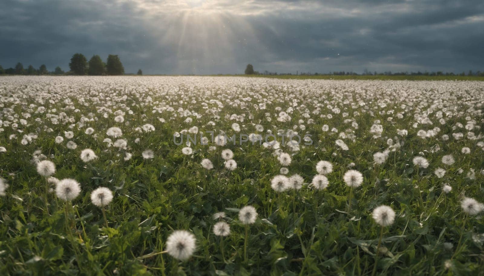 The sun shines through a layer of clouds casting rays of light onto a field of dandelions. The dandelions are in full bloom and their white seeds are ready to be blown away by the wind.