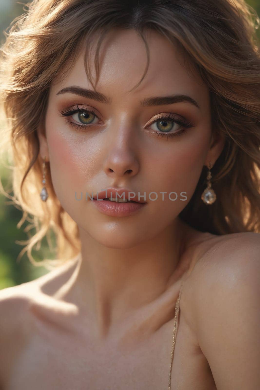A young woman with golden-blonde hair, wearing delicate earrings, looks directly at the camera with a serene expression. Her skin glows with a warm, golden light, and her green eyes are highlighted by subtle makeup. She is surrounded by a lush, green backdrop, suggesting a tranquil garden setting.