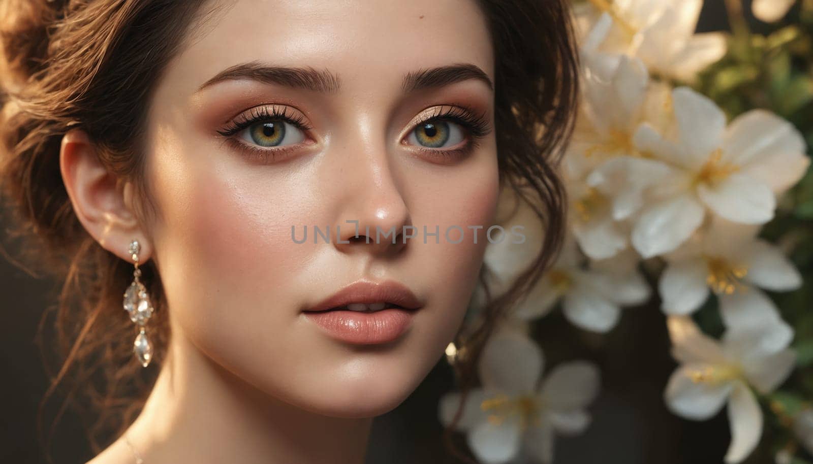 A young woman with long, flowing brown hair and delicate features gazes into the distance, her expression wistful and serene. She is adorned with a simple earring that catches the sunlight, and her skin glows with a soft, golden hue. The background is blurred, suggesting a peaceful and tranquil garden setting.