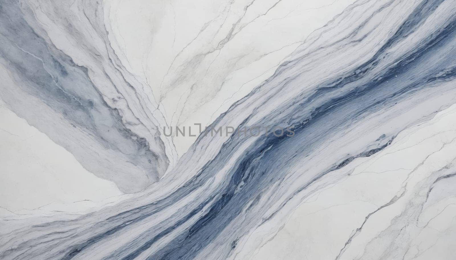 The image showcases a close-up view of a white marble surface. The veining of the marble is intricate and captivating, featuring a flowing pattern of blue veins that intertwine and create a dynamic composition.