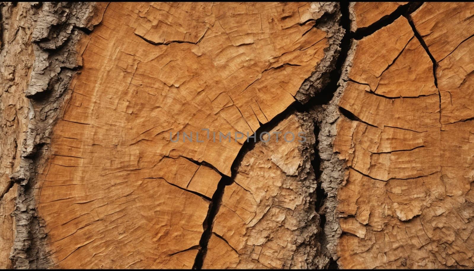 The rough bark of a tree trunk, partially peeled back, reveals the intricate network of rings and cracks etched by years of growth and weather. The sun-drenched wood tells a story of resilience and the passage of time.