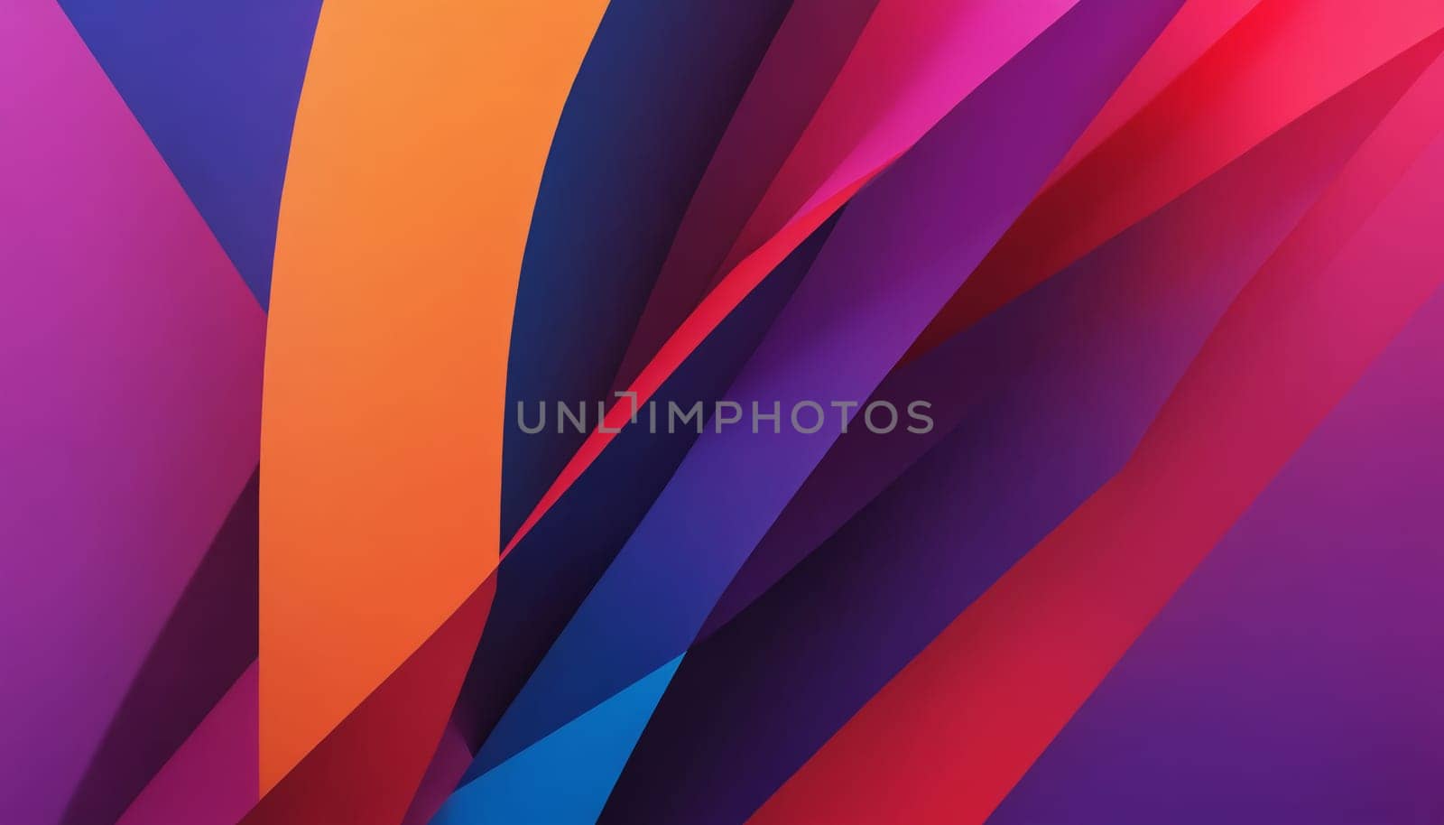 An abstract composition of overlapping geometric shapes, predominantly in vibrant orange, red, and purple tones. The central area features a burst of radiating lines, creating a sense of movement and depth. The arrangement of shapes and colors creates a visually captivating and dynamic design.