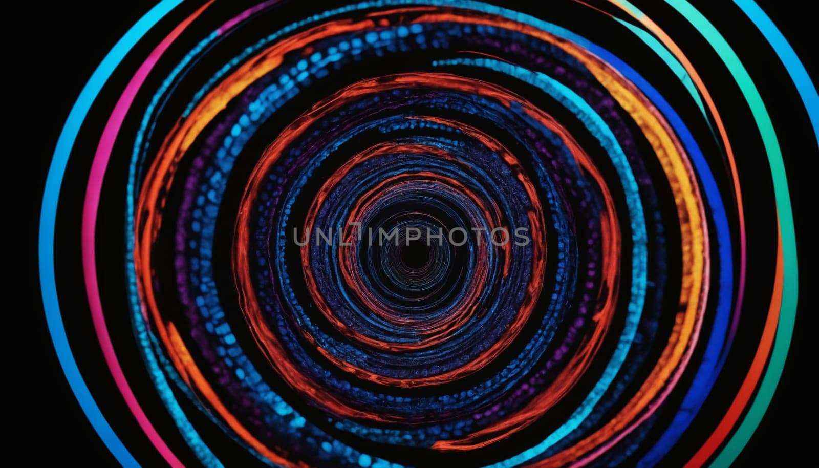 An abstract image featuring a swirling vortex of colorful circles, creating a hypnotic and mesmerizing effect. The colors are vibrant and intense, creating a dynamic and captivating visual experience.