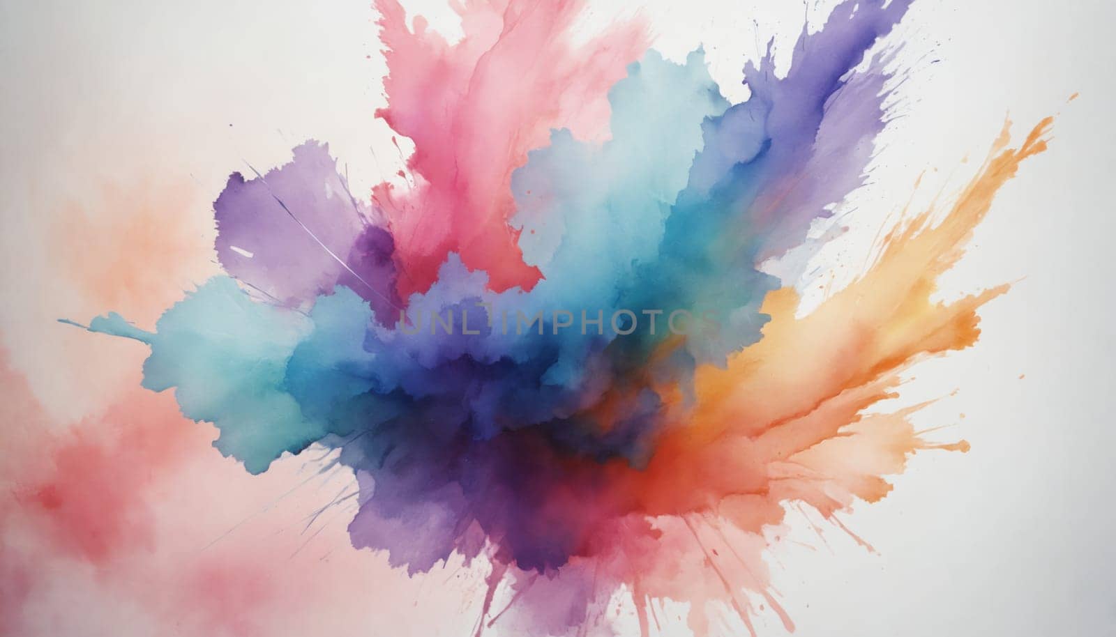 An abstract watercolor painting explodes with vibrant color, creating a dynamic composition. The painting features a central burst of teal, purple, and pink, with a splash of orange extending to the right. The colors blend seamlessly, creating a sense of movement and energy.
