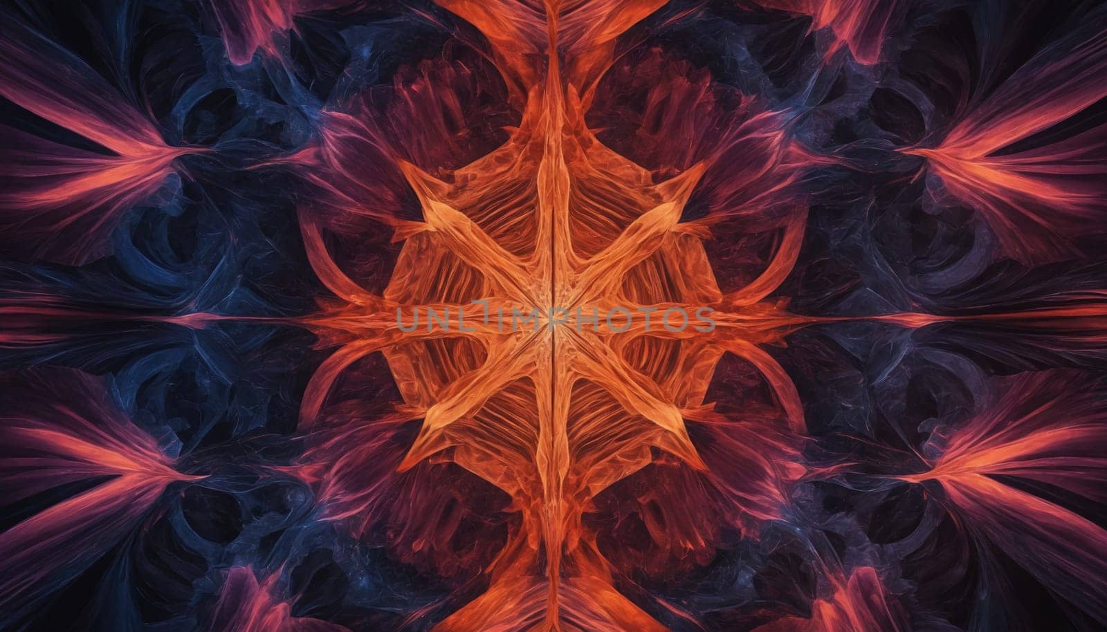 A mesmerizing fractal pattern unfolds with intricate details, showcasing a vibrant palette of autumnal colors. The image evokes a sense of depth and complexity, as swirling tendrils of orange, red, and blue converge and diverge, creating a mesmerizing visual experience.