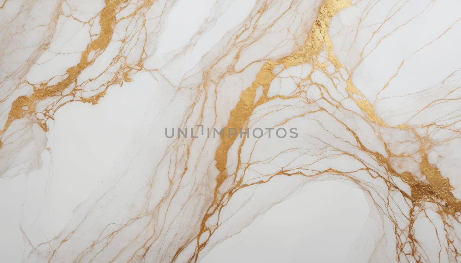 A close-up shot of a white marble surface with intricate veins of gold running through it. The veins appear like delicate branches, creating a mesmerizing pattern of light and shadow. The image captures the natural beauty and elegance of marble.