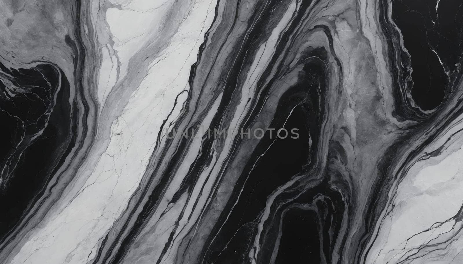A close-up image of a polished marble surface with flowing, abstract patterns in shades of black, white, and gray. The veins of the marble twist and turn, creating a dynamic and captivating visual.