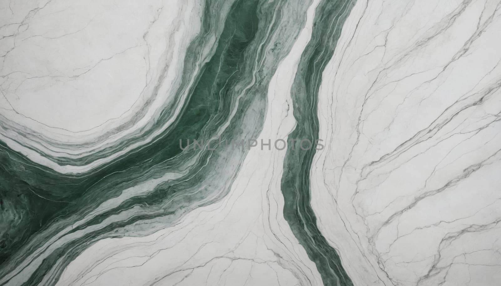 A close-up view of a green and white marble surface, revealing intricate swirls and veins of color that resemble a flowing river or a winding path. The marble's natural patterns create a captivating abstract design.