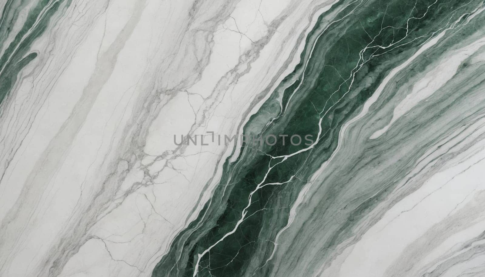 A close-up view of a smooth marble surface, revealing intricate patterns of swirling veins in shades of deep emerald green and soft white. The veins meander across the surface, creating an abstract, organic design.