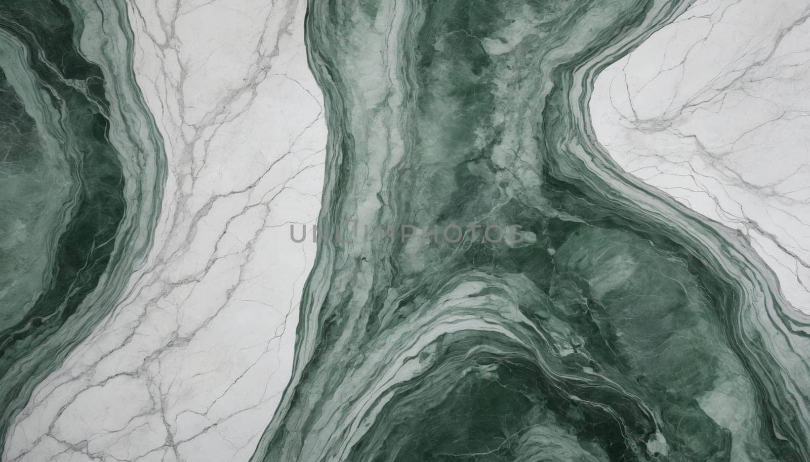 A close-up view of a smooth marble surface, revealing intricate patterns of swirling veins in shades of deep emerald green and soft white. The veins meander across the surface, creating an abstract, organic design.
