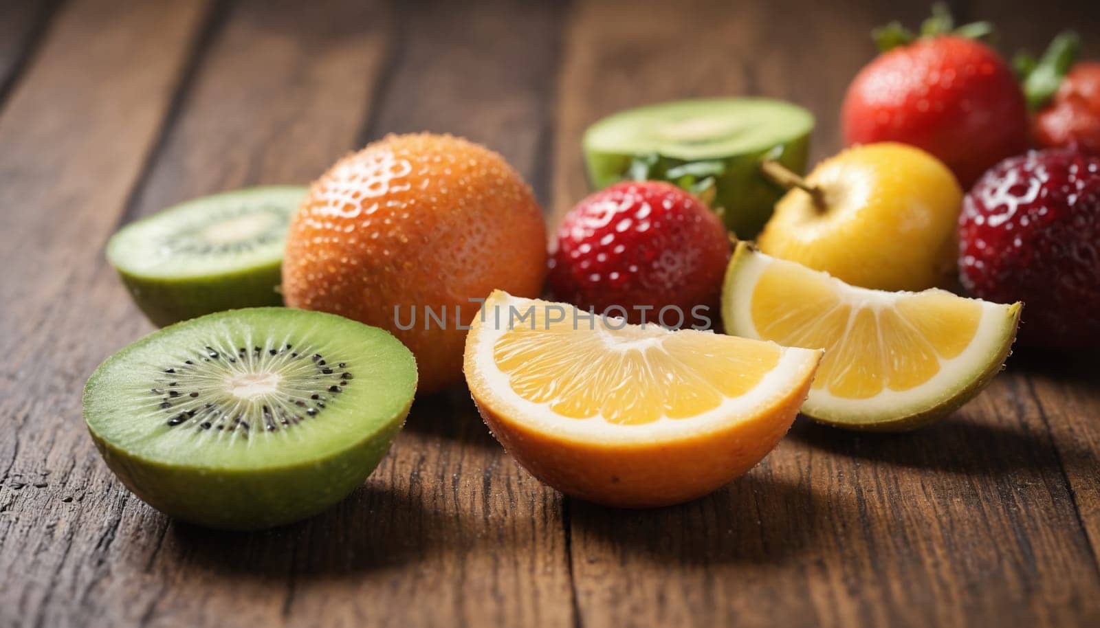 A variety of fruits, including kiwi, orange, lemon, and strawberries, are artfully arranged on a weathered wooden surface. The natural light highlights the vibrant colors and textures of the fruits, creating a visually appealing and appetizing scene.