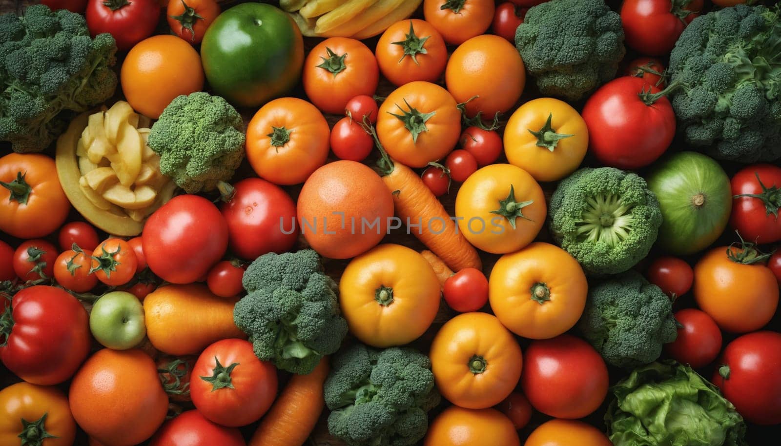 A vibrant and colorful array of red, orange, yellow, and green tomatoes and peppers. The various shades of the produce create a captivating visual experience, highlighting the natural beauty of these common vegetables. The image captures the freshness and variety of these ingredients, ripe for the taking.