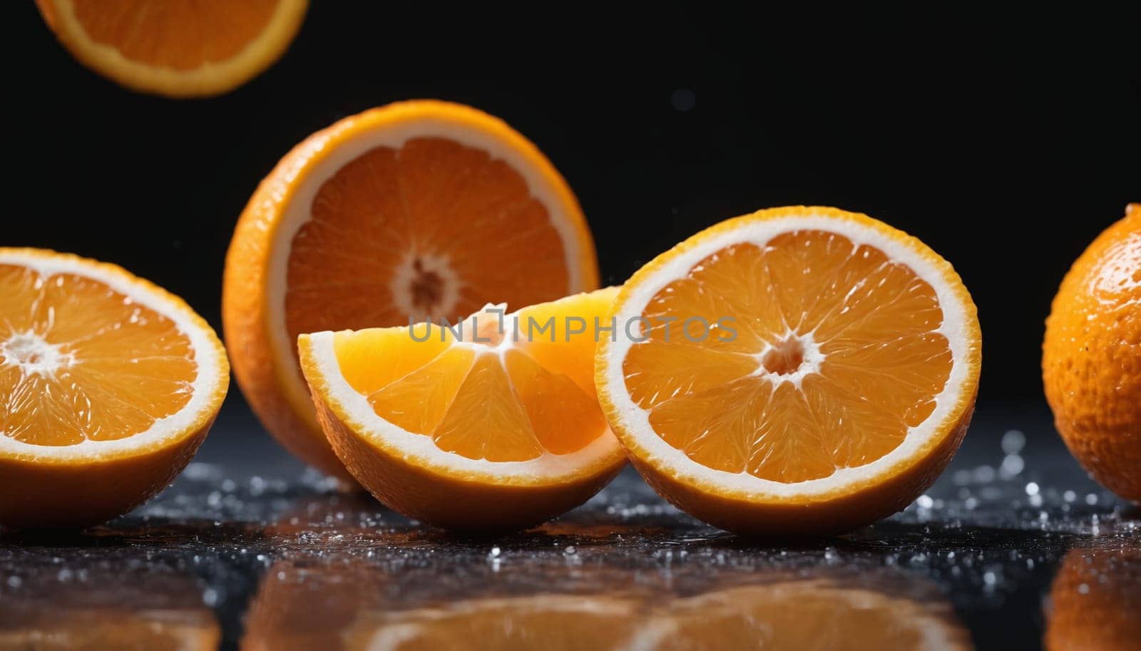 Oranges, some whole, others cut in half, cascade across a dark surface, seemingly defying gravity. The citrus fruit's vibrant color contrasts beautifully with the dark background, creating a captivating visual experience.