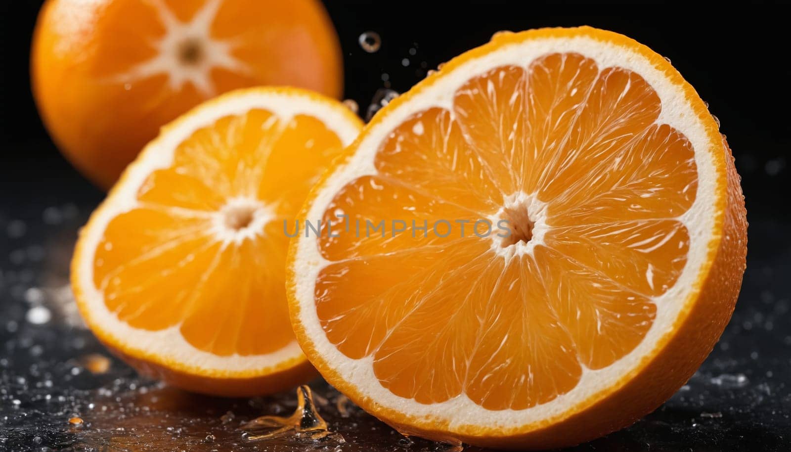 A collection of orange slices are arranged on a dark, textured surface. The vibrant orange flesh is illuminated by the light, creating a stark contrast against the dark background. The slices are arranged in a pattern that suggests both order and randomness, hinting at the intricate beauty found in nature.