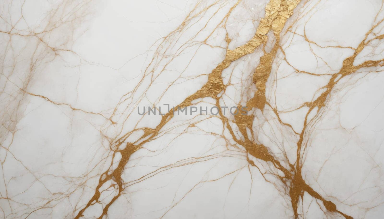 A close-up shot of a white marble surface with intricate golden veins, creating a luxurious and elegant background.