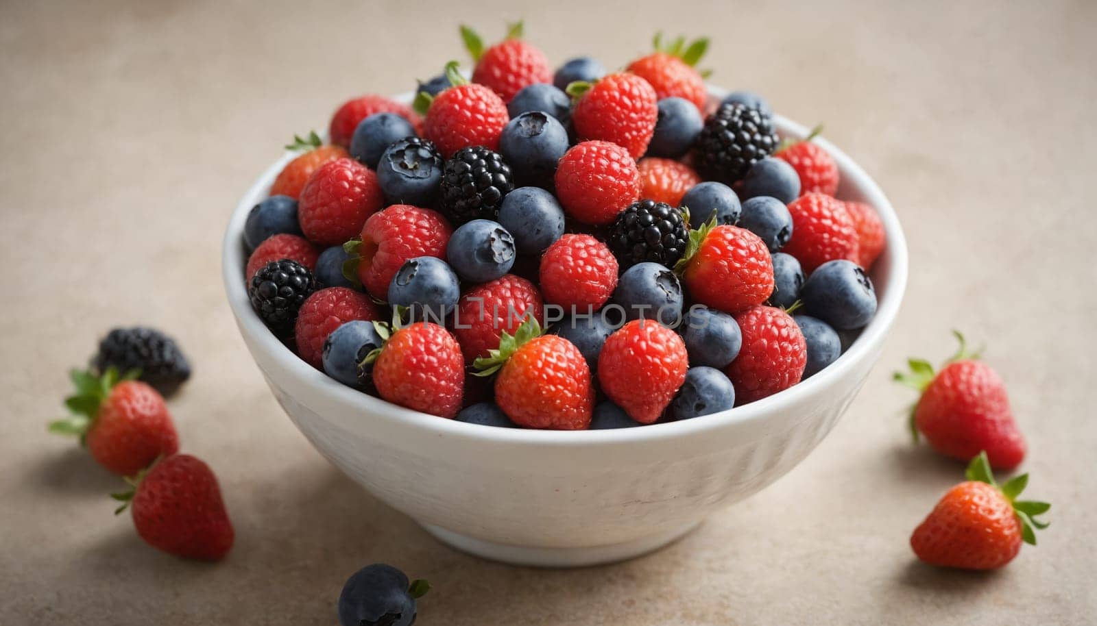 A white bowl overflows with a medley of fresh berries, showcasing vibrant red strawberries, deep blue blueberries, and dark blackberries. A few scattered strawberries lay nearby, adding to the picturesque scene of summertime's sweetest offerings.