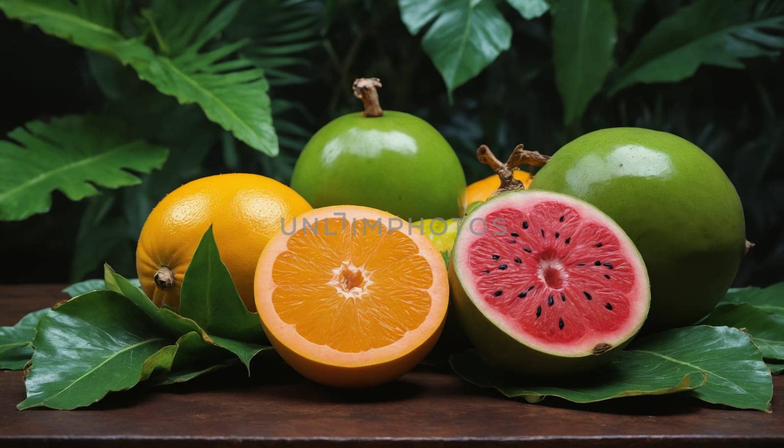 A vibrant still life featuring a sliced watermelon with its red flesh and dark seeds prominently displayed, alongside a halved orange, a whole orange, and two green fruits with smooth, shiny skins. Large green leaves frame the composition. The fruits rest on a wooden surface, suggesting a tropical setting.